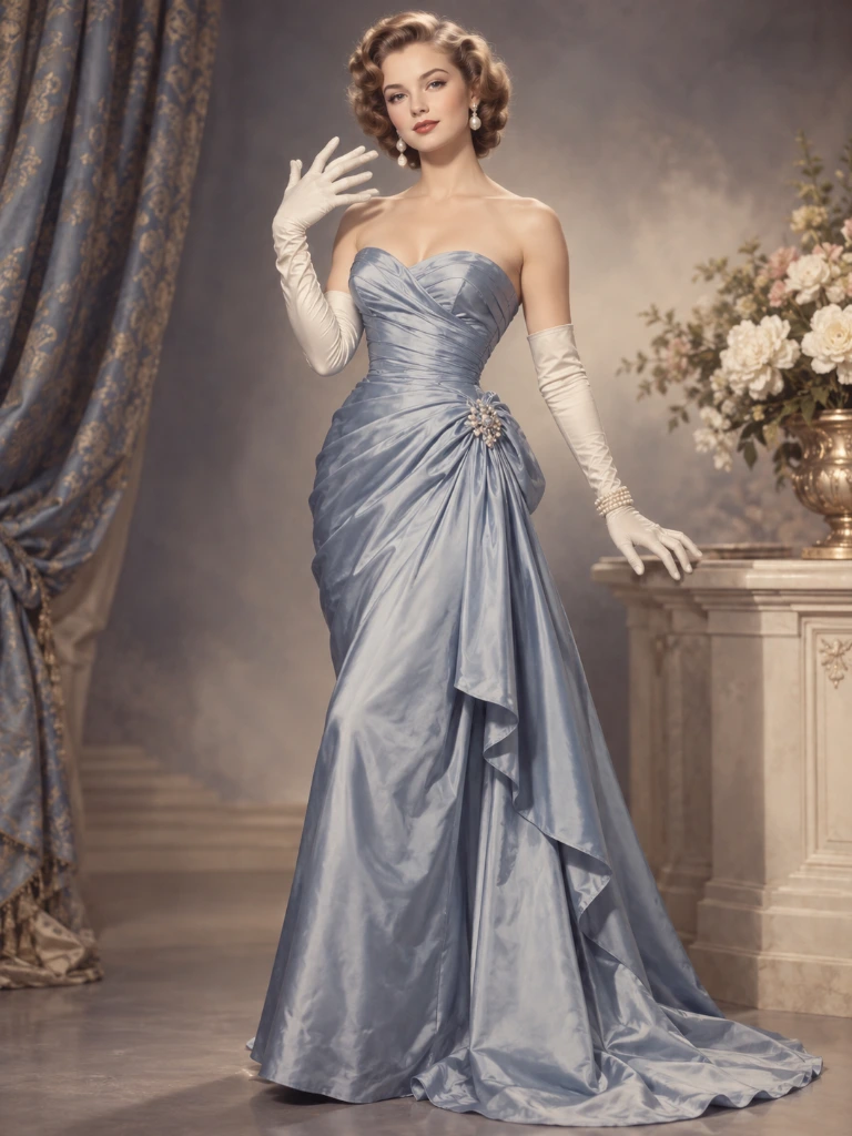 Vintage studio fashion portrait with a generation glitch: the raised white-gloved hand has six fingers while the other hand has five.