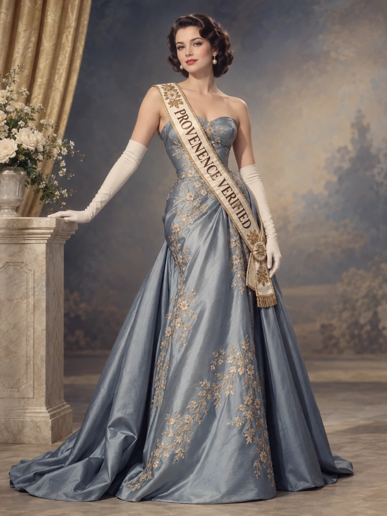 Vintage studio fashion portrait with a diagonal sash reading PROVENENCE VERIFIED, a misspelling of provenance.