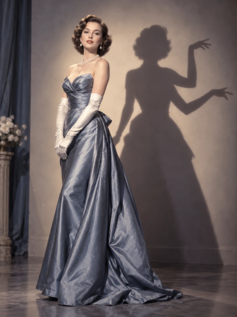 Vintage studio fashion portrait where the woman has two arms but her wall shadow has three.