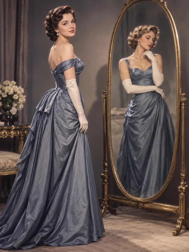 Vintage studio fashion portrait beside an oval mirror whose reflection shows a different hairstyle and pose.
